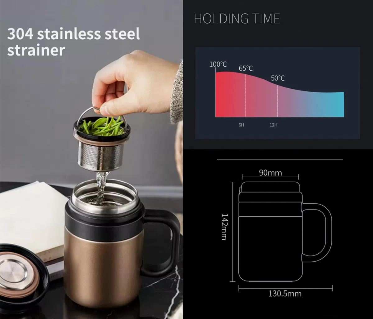 Tazza Termica da Tè/Caffè in Acciaio Inossidabile (Nero) con Filtro Rimovibile, 500 ml – Mantiene le Bevande Fredde e Calde, Isolamento 12+ Ore, Ideale per Tè, Caffè, Viaggi, Ufficio e Campeggio