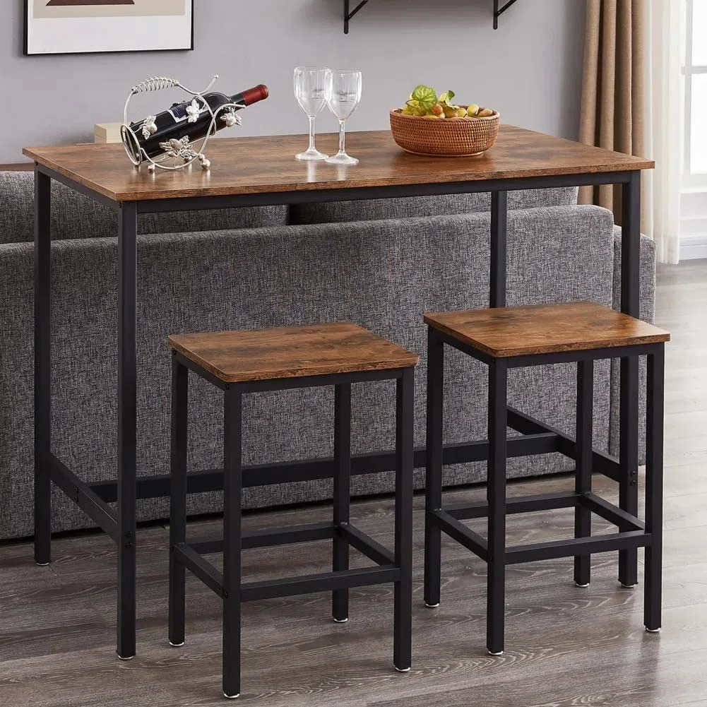 BAKAJI Tavolo Alto con 2 Sgabelli Sedie a Scomparsa per Sala da Pranzo Salotto Cucina Design Moderno Industriale Struttura in Metallo Nero Piano e Seduta in Legno MDF Effetto Abticato Arredamento