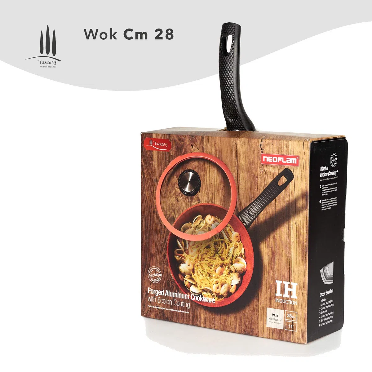 CLASSE ITALY, Linea TUSCANY, Wok cm 28 - Antiaderente naturale a 5 strati, alta resistenza, senza PTFE, PFOA, PIOMBO, CADMIO, per Induzione e Fiamma