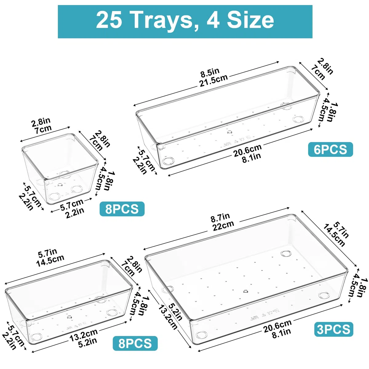 Radikor Organizer Cassetti 25 Pezzi, Organizer Trucchi Cassetti in Plastica Trasparente, Contenitori Cassetto Impilabili di 4 Dimensioni per Bagno, Cucina, Trucchi, Scrivania