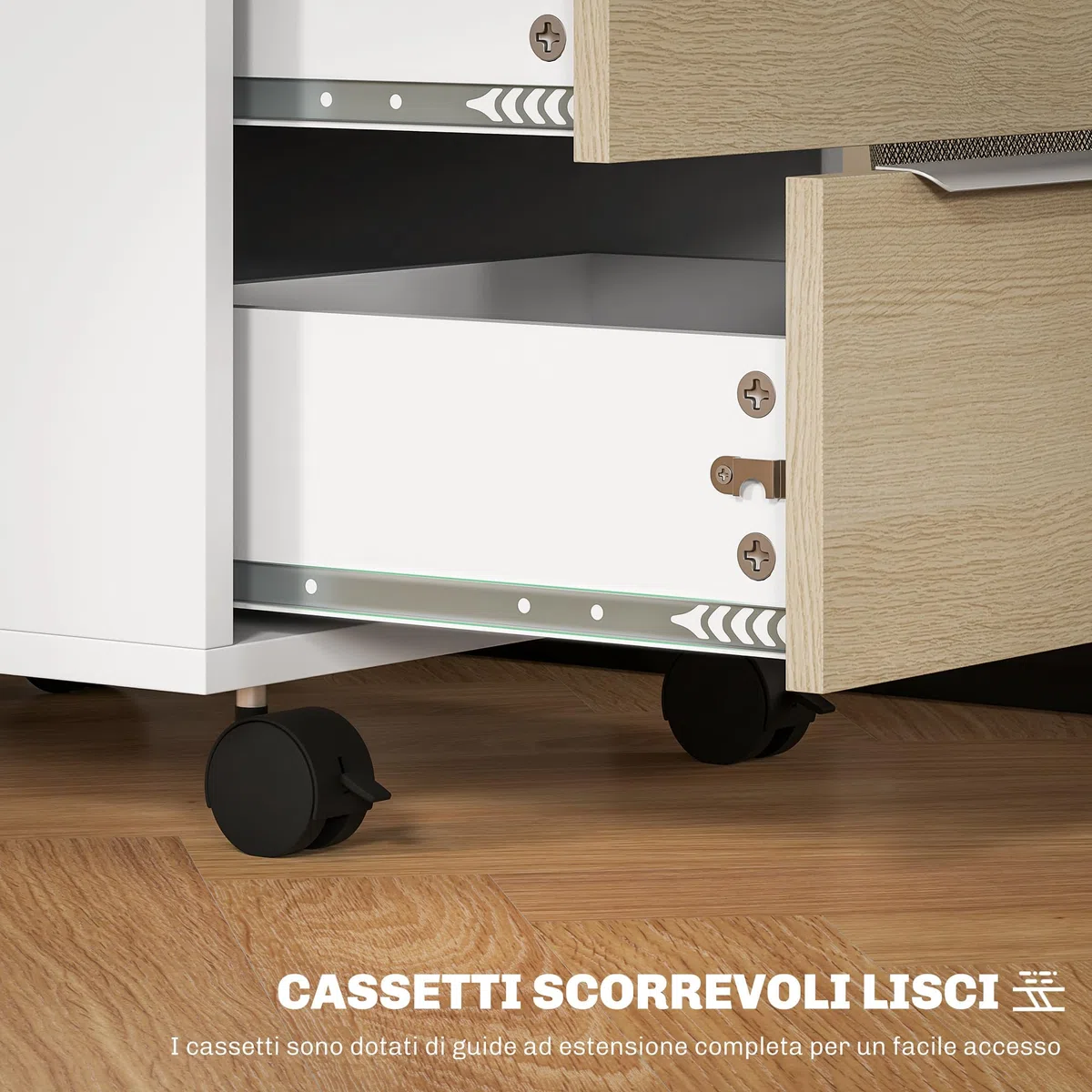 HOMCOM Schedario da Ufficio con 3 Cassetti, 4 Ruote, Cassettiera Ufficio con Serratura e 2 Chiavi per Lettera/Formato A4, Armadietto Verticale per Studio, 40x40x63.5 cm, Bianco e Rovere