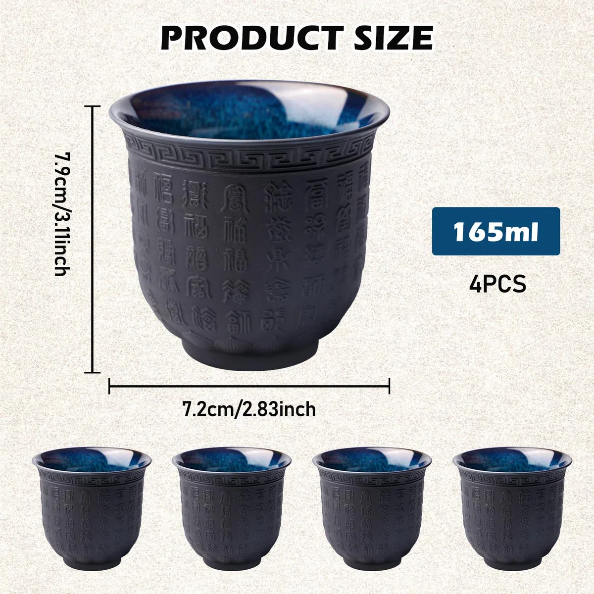 4 tazze da tè giapponesi, 165 ml, tazze da tè asiatiche, cuore buddista Sutra, in ceramica, con motivo a forma di cuore, viola, per tè, sake, espresso, caffè, tazza da tè in rilievo