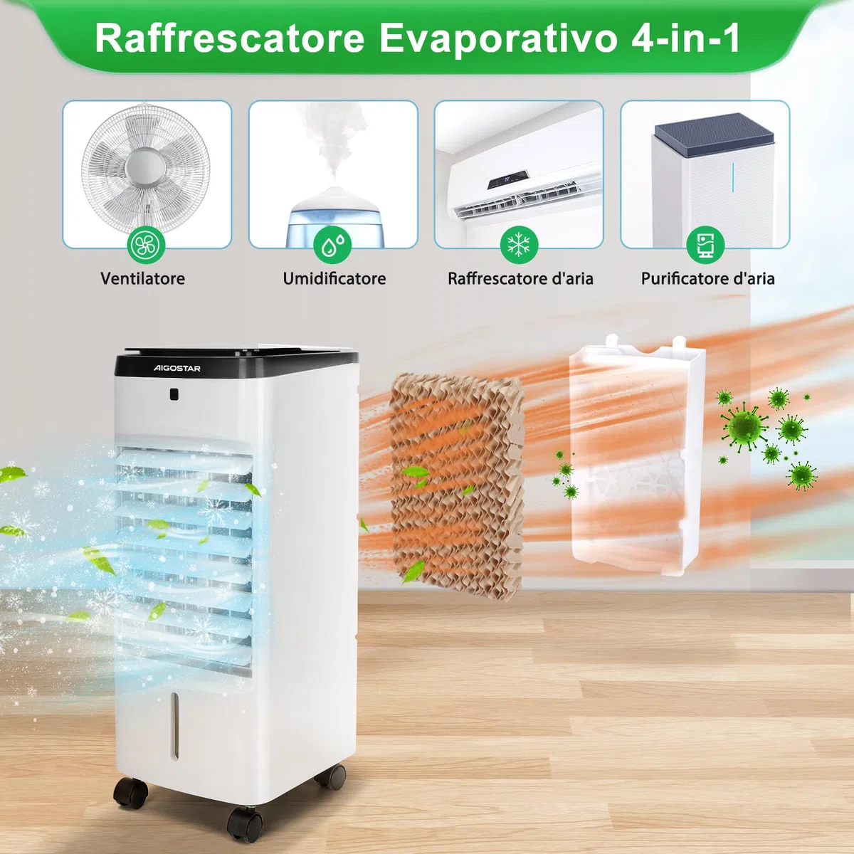 Aigostar Olaf - Raffrescatore evaporativo con telecomando a 3 modalità di vento e velocità. Con timer per lo spegnimento auto. Serbatoio d’acqua da 3.5L. Base con ruota girevole per lo spostamento
