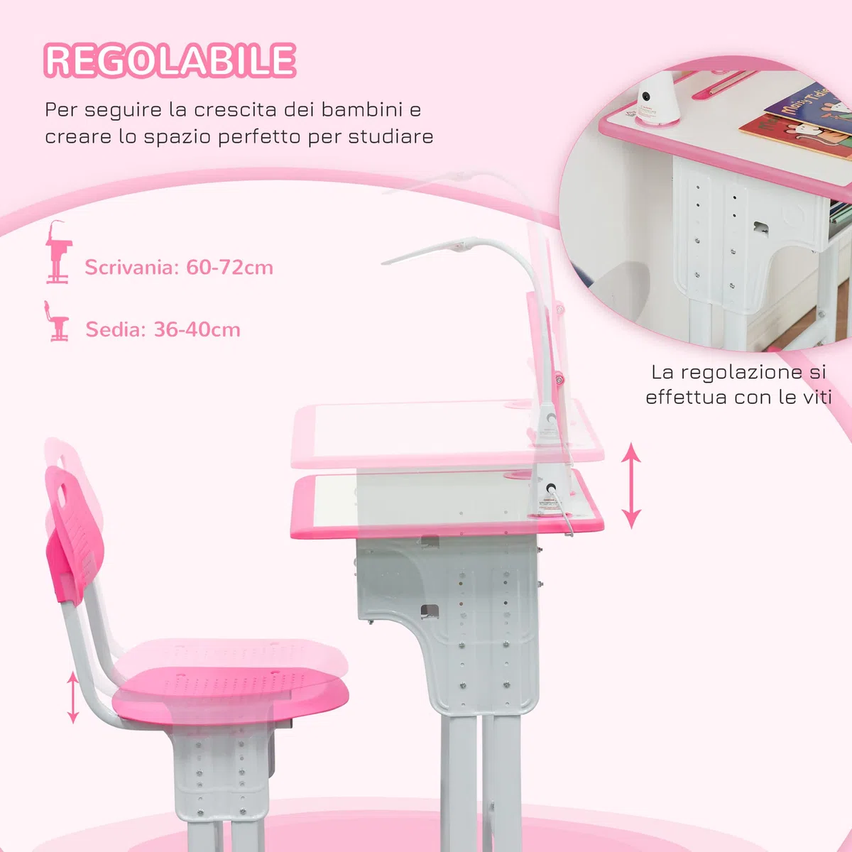 HOMCOM Banchetto per Bambini 6-12 Anni ad Altezza Regolabile con Lampada LED, Leggio e Mensola, Set Banco con Sedia per Bambini in PP, Acciaio e MDF, Rosa