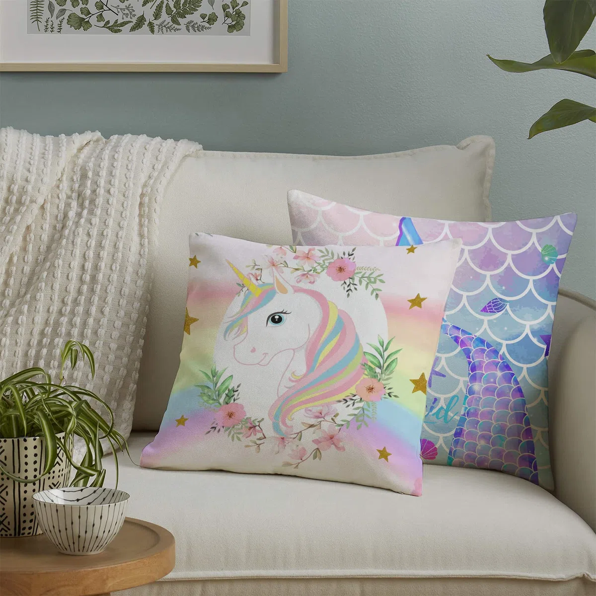 MUSOLEI 2 pezzi Unicorno Copricuscino 45X45 Bambini Velluto Sirena Copricuscino Peluche Divano Copricuscino con Federe Cerniera Ragazze, Unicorno A