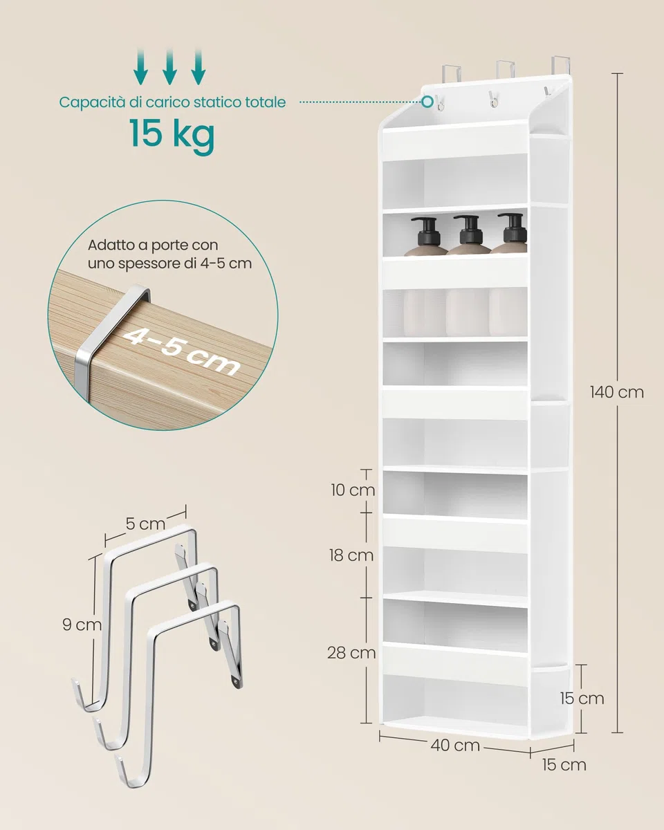 SONGMICS Organizer da Porta, 5 Scomparti, Portaoggetti da Appendere Pieghevole, Ganci in Metallo, Trasparente, Tasche Laterali, Bianco Nuvola RDH010WH01