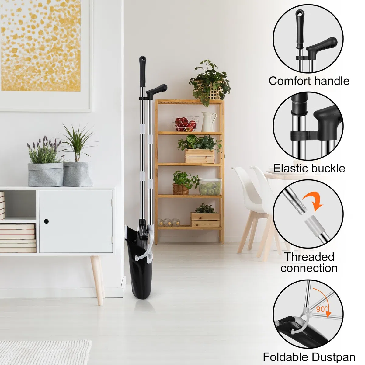 Scopa alta con Manico Estendibile a 123 cm – Set Scopa e Paletta,Kit Pulizie Leggero per Interni/Esterni,Cucina,Garage – scopa e paletta salvaspazio,con Design Moderno in Nero e grigio