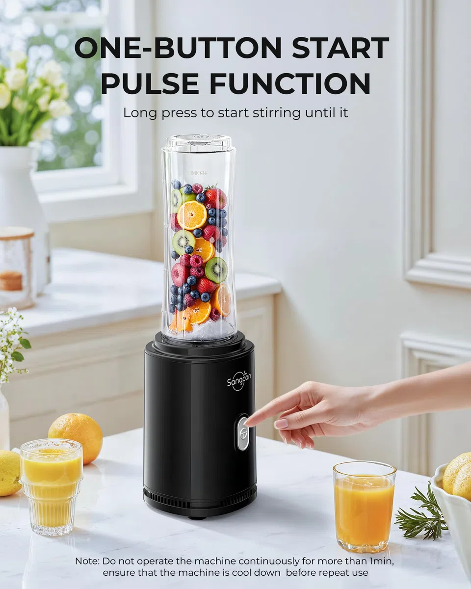 Sangcon Mixer Smoothie Maker, frullatore sportivo elettrico portatile per frullati e frullati con 2 bottiglie in Tritan To Go da 600 ml senza BPA 2 tappi per bere coltello a 4 lame, pulsante a impulsi