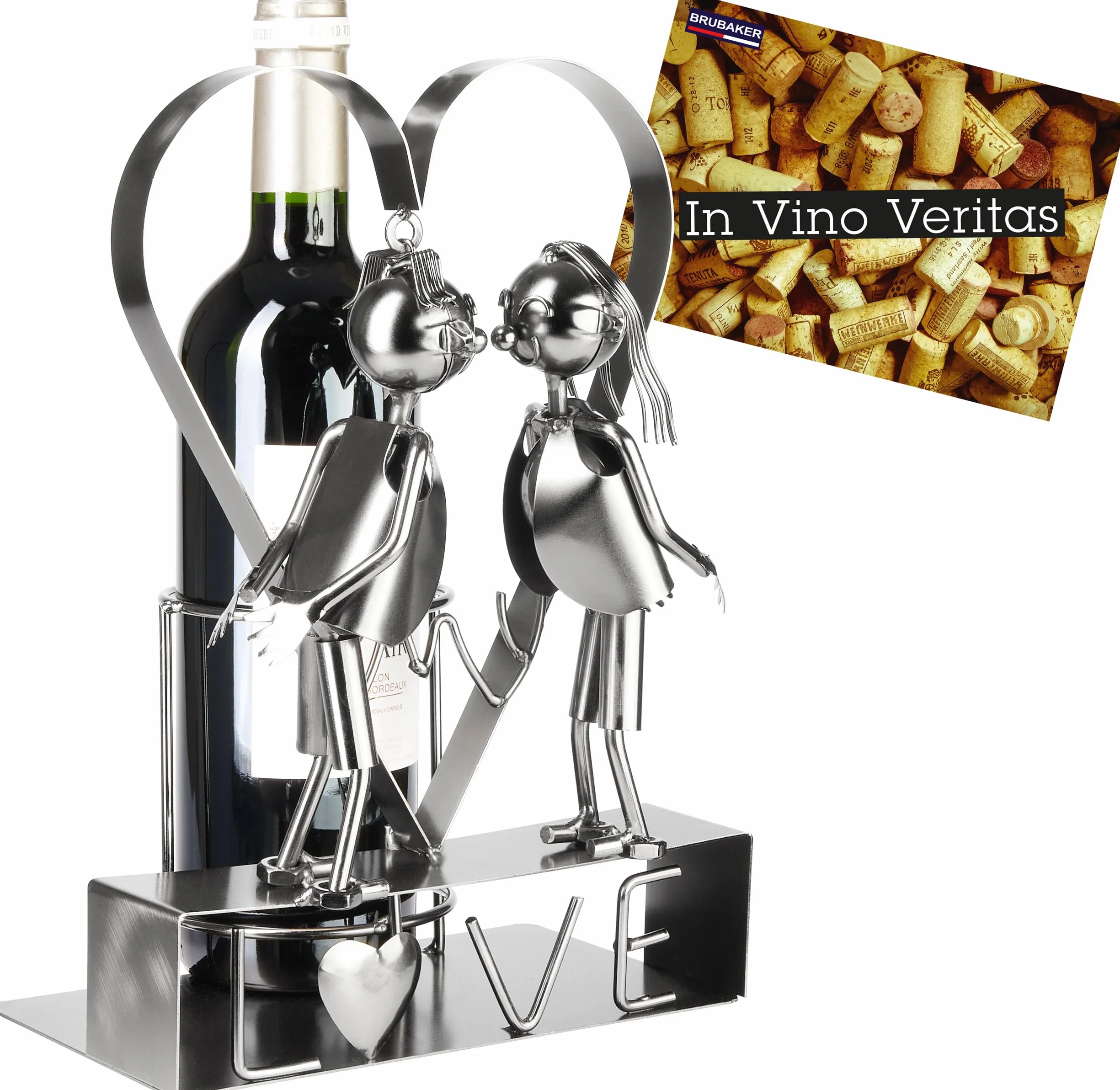 Brubaker Portabottiglie da Vino LOVE Coppia di Innamorati in un Grande Cuore di Metallo - 29 cm Regalo per Coppie al Matrimonio o al Compleanno - Portabottiglie da Vino con Biglietto di Auguri