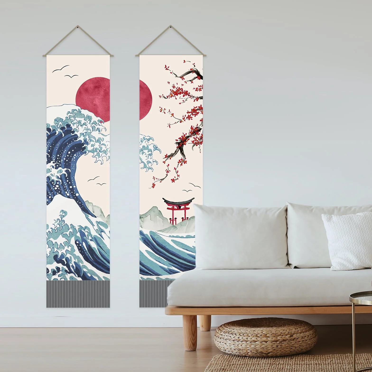 AHANDMAKER Confezione da 2 arazzi giapponesi con onde dell'oceano, sole rosso e onde e fiori di ciliegio rossi, arazzo con nappe per camera da letto, 33 x 130 cm