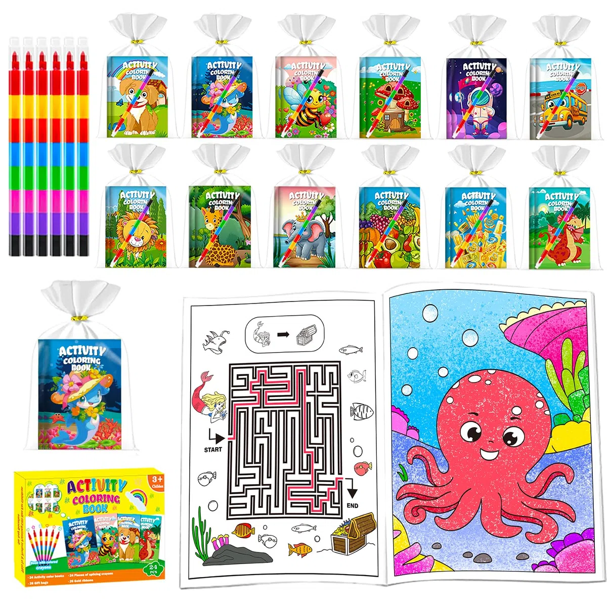 24 Mini Libri da Colorare Gadget Compleanno Bambini,Set Libricini da Colorare e Pastelli a Cera Impilabili (8 colori in 1),Adatto per Regalini Fine Festa Compleanno Bambini (Color-24)