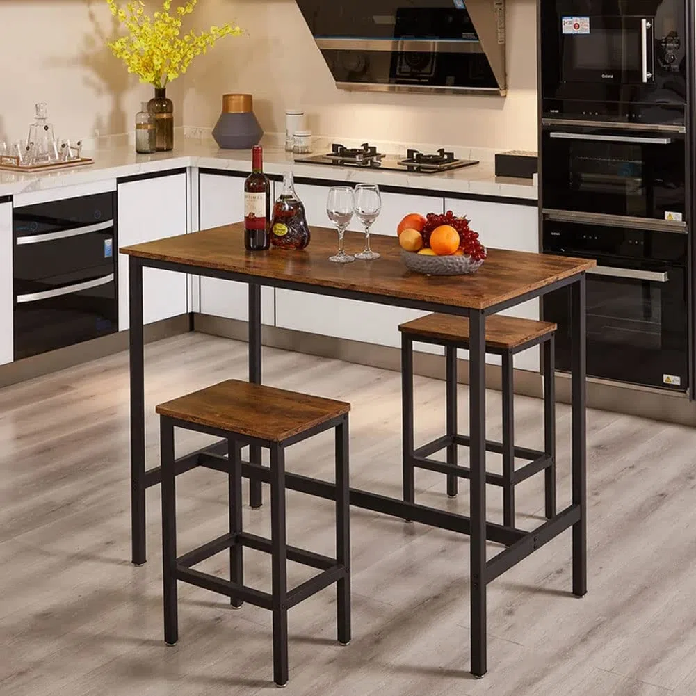 BAKAJI Tavolo Alto con 2 Sgabelli Sedie a Scomparsa per Sala da Pranzo Salotto Cucina Design Moderno Industriale Struttura in Metallo Nero Piano e Seduta in Legno MDF Effetto Abticato Arredamento