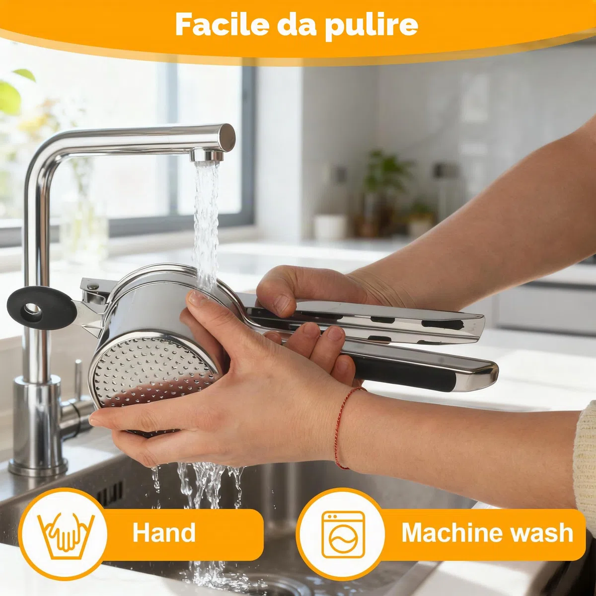 Schiacciapatate con 4 Setacci intercambiabili,Schiacciapatate Acciaio Inox,Pressa per Patate,Acciaio Inox per Purè di Patate, Frutta, Verdure, Bébé, Limone