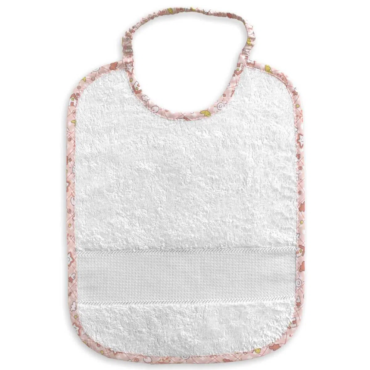 Set asilo da ricamare a punto croce, tre pezzi, sacchetto salvietta e bavaglia, spugna bianca, tela aida, punto croce, set asilo da personalizzare con ricamo a punto croce (81 Casette rosa)