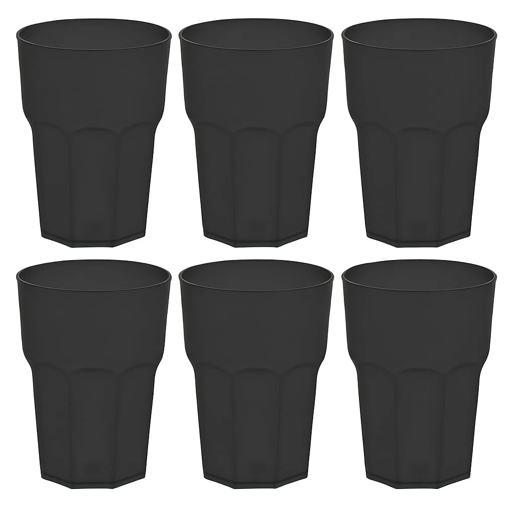 6 x GLASSY CUP 480 ml nero trasparente – bicchieri in plastica infrangibile effetto vetro, senza BPA, lavabili in lavastoviglie, riutilizzabili, ideali per cocktail, caipi, feste, campeggio e attività