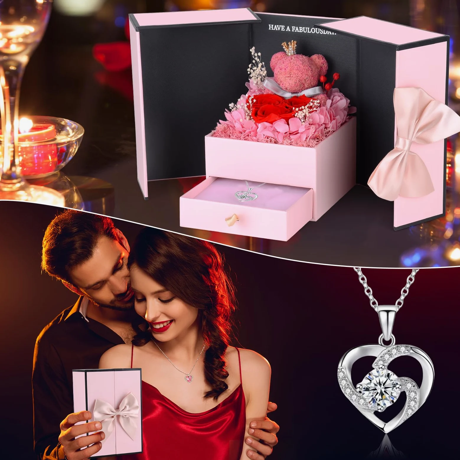 Rosa Eterna Idea Regalo per Lei,Rosa Stabilizzata con Collana e Orsetto Rosa Romantico Regalo San Valentino per lei,Festa della Mamma,Regalo di Compleanno per Fidanzata,Moglie,Donne
