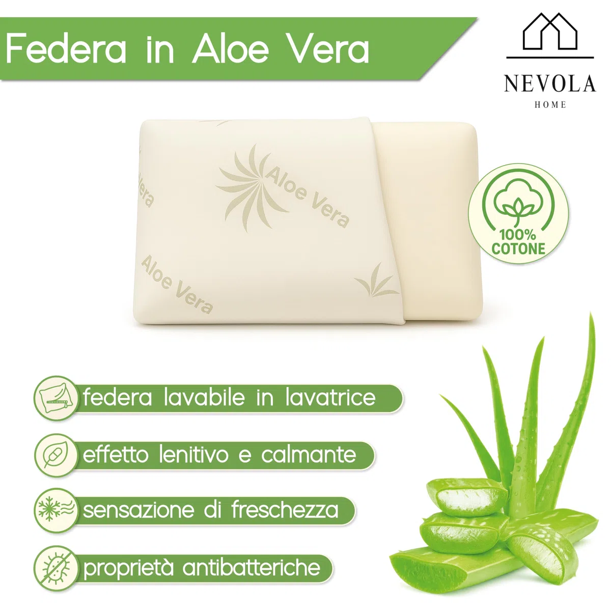 NEVOLA Cuscino Memory Foam Cervicale a Saponetta alto 11 cm - Cuscino per Dormire con Federa Lenitiva in Aloe Vera Rimovibile - Guanciale letto Made in Italy Antibatterico Certificato Oeko Tex