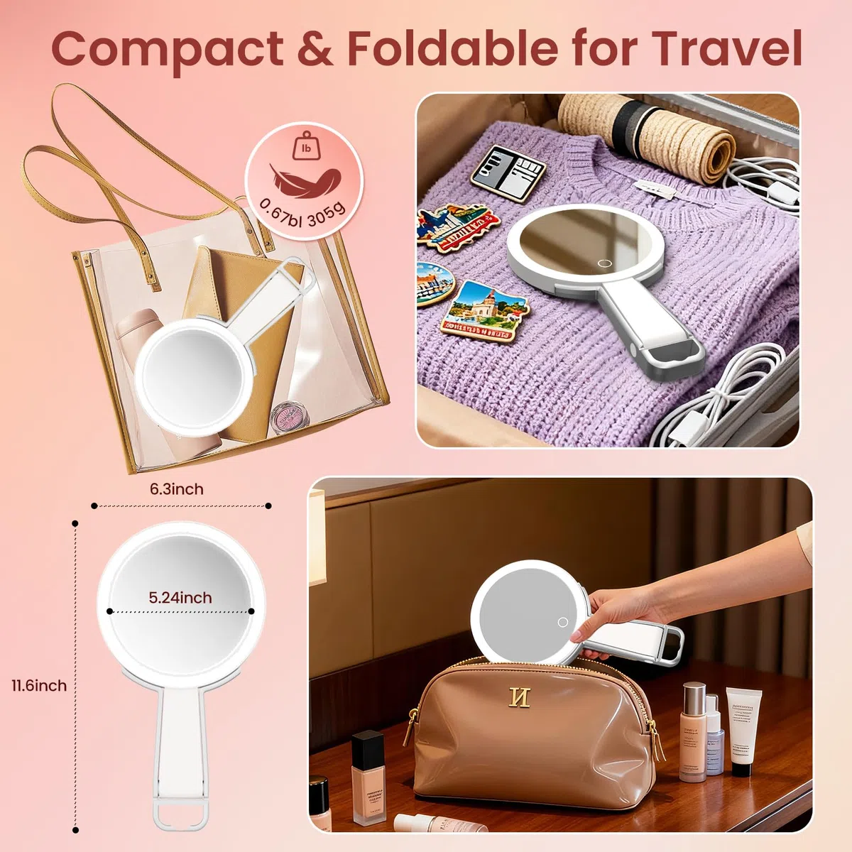 Specchio Trucco con Luci, Specchio Ingranditore 10X/1X a Doppio Lato, Luminosità Regolabile a 3 Colori, Specchio da Tavolo Pieghevole con Foro, Specchio Ricaricabile e Portatile per Viaggio e Casa