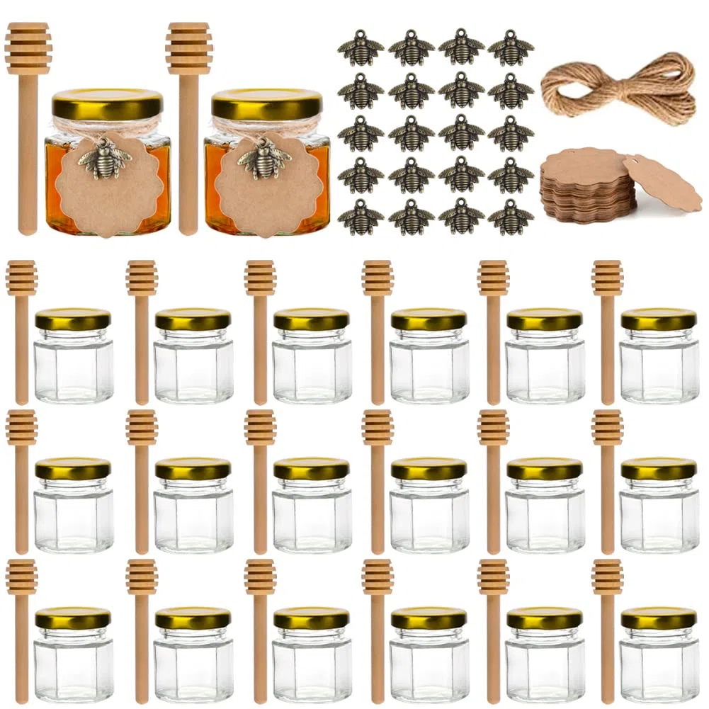 20 pezzi Mini Vasetti per Miele Esagonali in Vetro,45ml vasetti vetro piccoli,Barattoli per Miele,bottigliette di vetro piccole,vasetti miele bomboniere,dosatore miele,matrimoni e feste