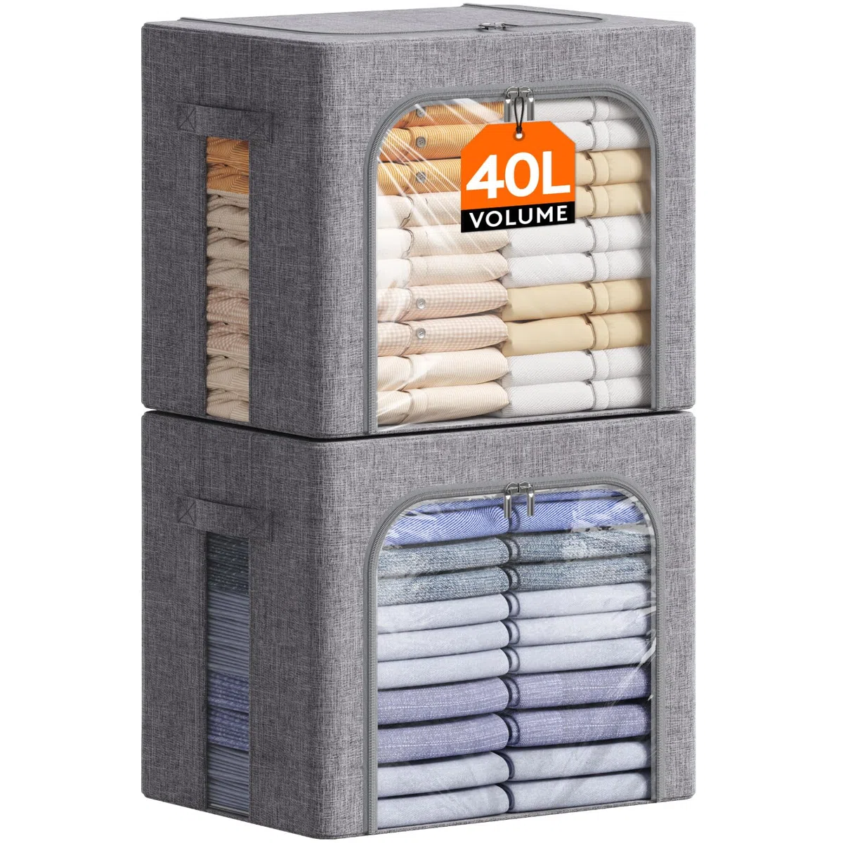 Lifewit Scatole per Armadio Rigide con Cerniera, Contenitori per Armadio Salvaspazio, Scatole Vestiti Cambio Stagione con Struttura in Metallo Pieghevole, Grigio, 40 L, 2 Pezzi