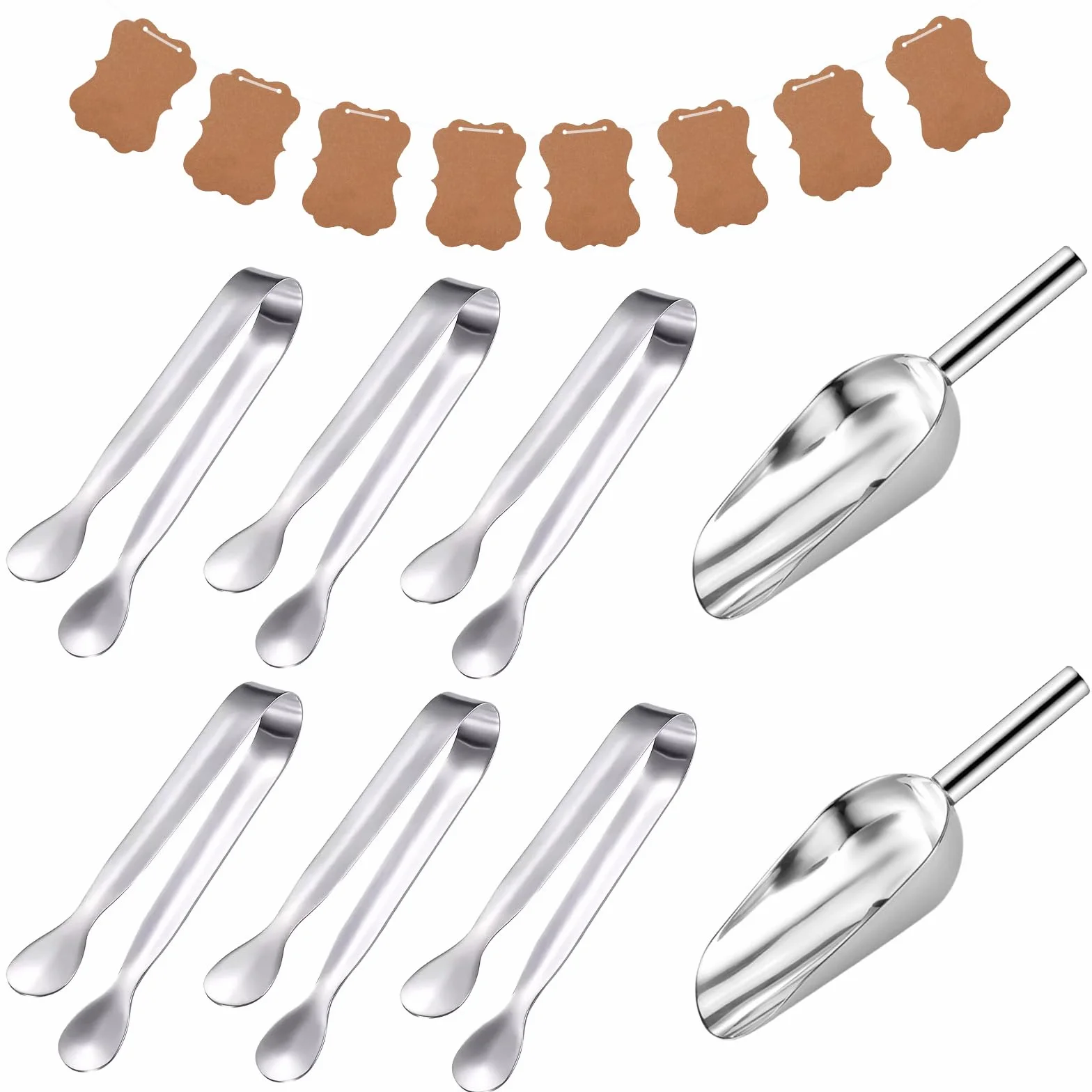 Candy Bar - Set di decorazioni per candy bar, include 6 pinze per zucchero, 2 pale e 1 ghirlanda decorativa per candy bar, pinza per cubetti di ghiaccio per feste di nozze