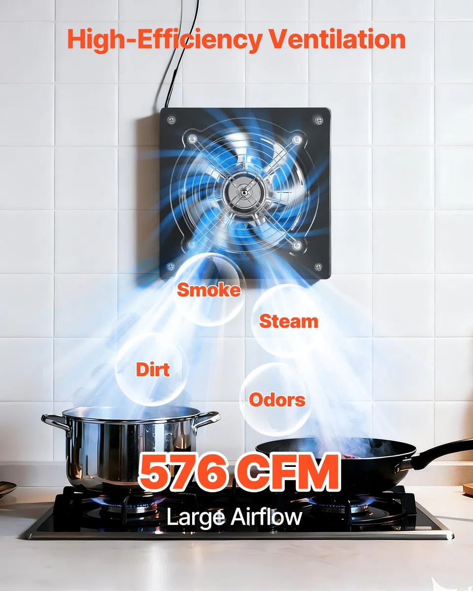VEVOR Ventilatore di Scarico in Metallo da 203 mm, Ventilatore di Sfiato a Parete ad Alta Velocità da 576 CFM, Basso Consumo, per Soffitta, Garage, Cantina, Officina, Cucina, Pollaio, Nero