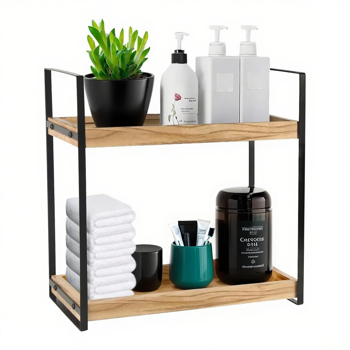 Scaffale da Bagno in Legno Verticale e Stretto, Piccolo Organizzatore per Bagno, Portatrucchi per Toeletta o Cucina, Mensola da Appoggio (2 Livelli)