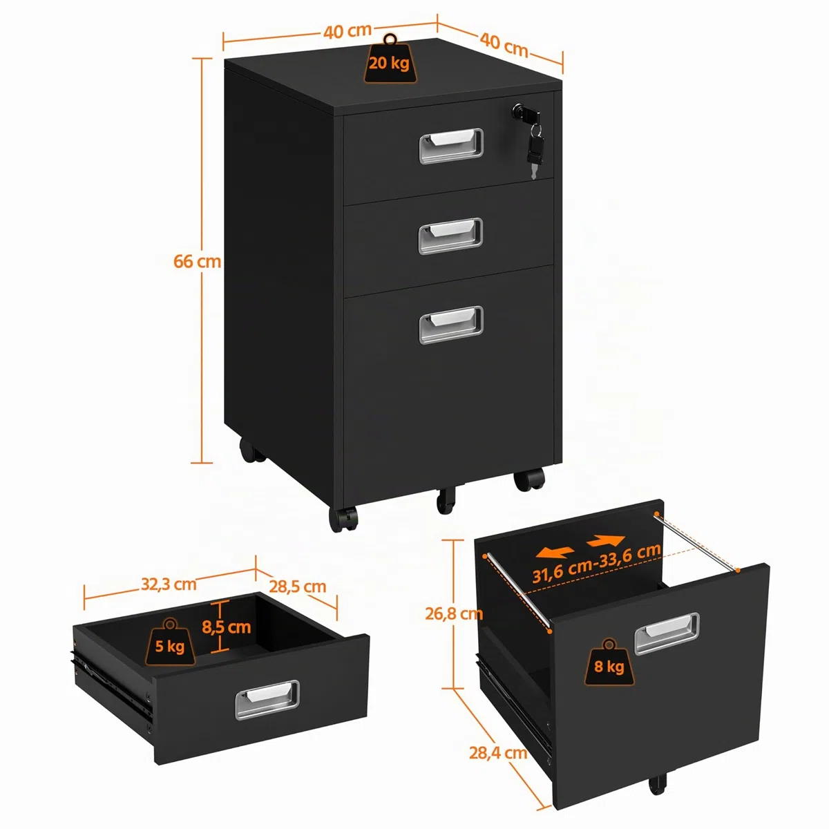 Yaheetech Cassettiera da Scrivania con 3 Cassetti Salvaspazio Archivio Schedario Portadocumenti Mobiletto da Ufficio Rimovibile con Ruote per Ufficio Studio (Nero)