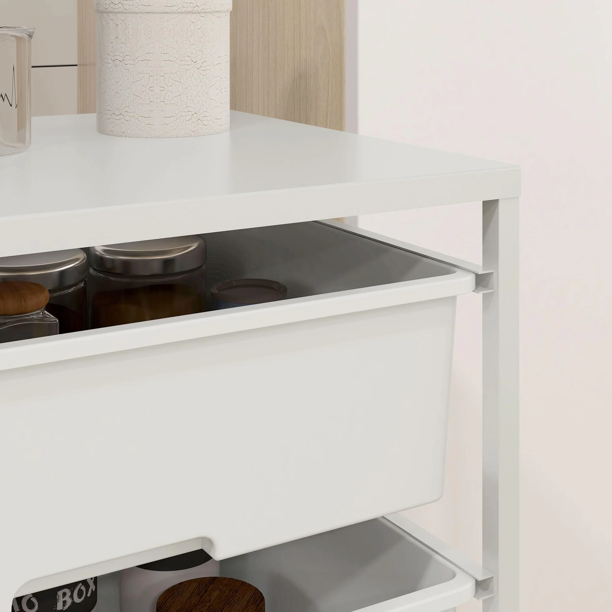 HOMCOM Carrello Portaoggetti con 3 Cestini Estraibili e Ruote, Carrello da Cucina Salvaspazio in Acciaio e Plastica, Bianco