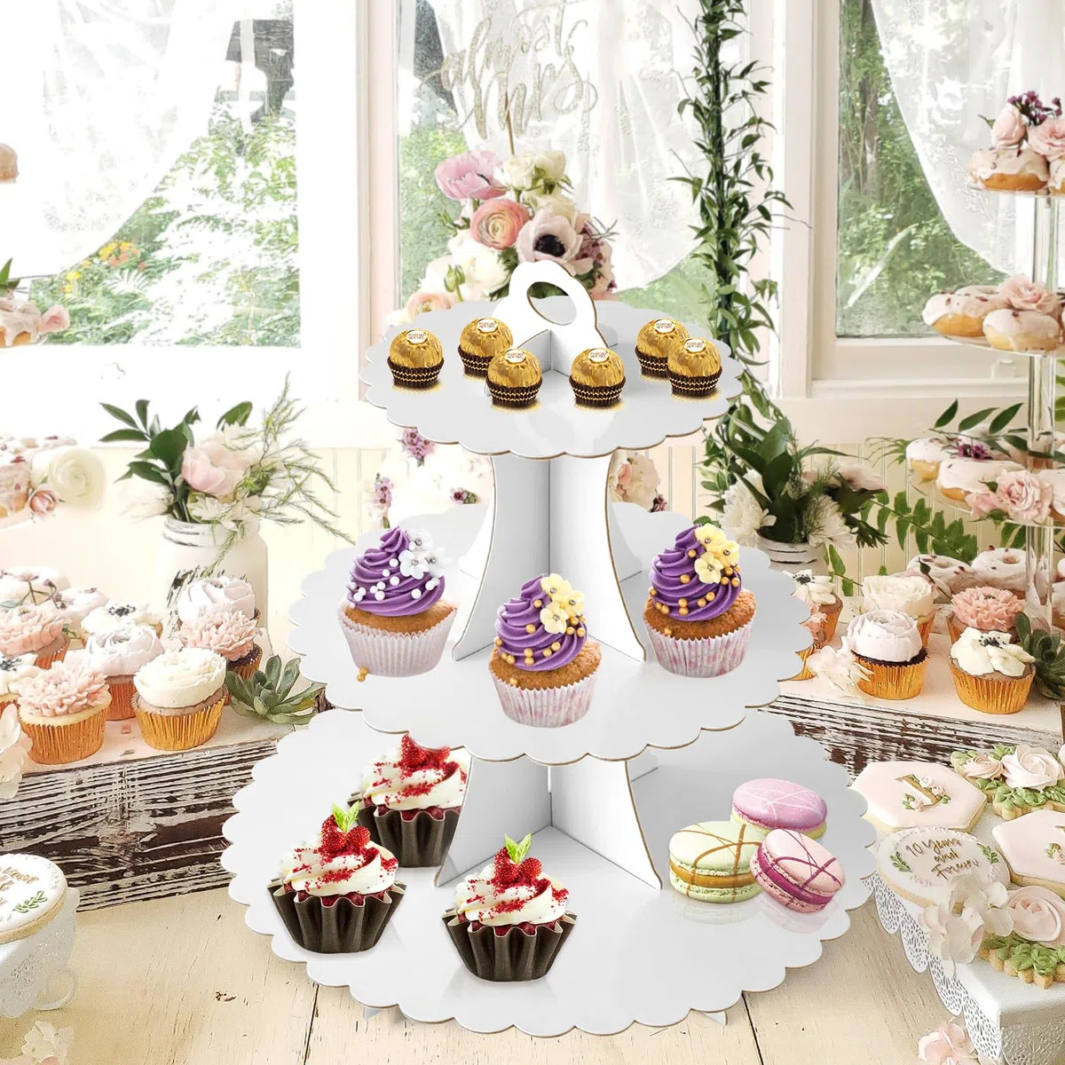 Soleebee Supporto per torta in cartone, supporto per cupcake a 3 livelli, supporto per torre da dessert, supporto per muffin, forniture per feste per compleanno, matrimonio, festa, torte, panini