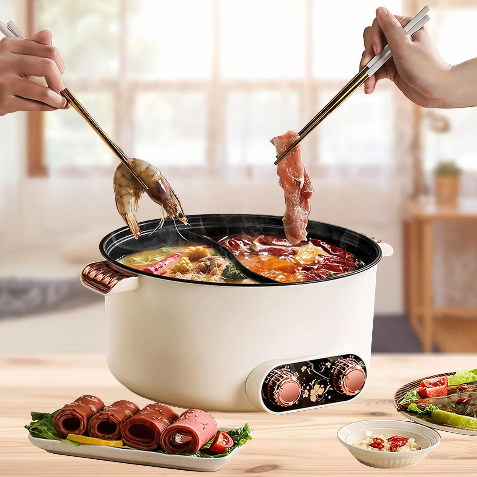 Pentola elettrica da 2 lati con due regolatori, 5 l, 1350 W, tre regolazioni di potenza, antiaderente multifunzionale, veloce per arrosti, ramen, fonduta