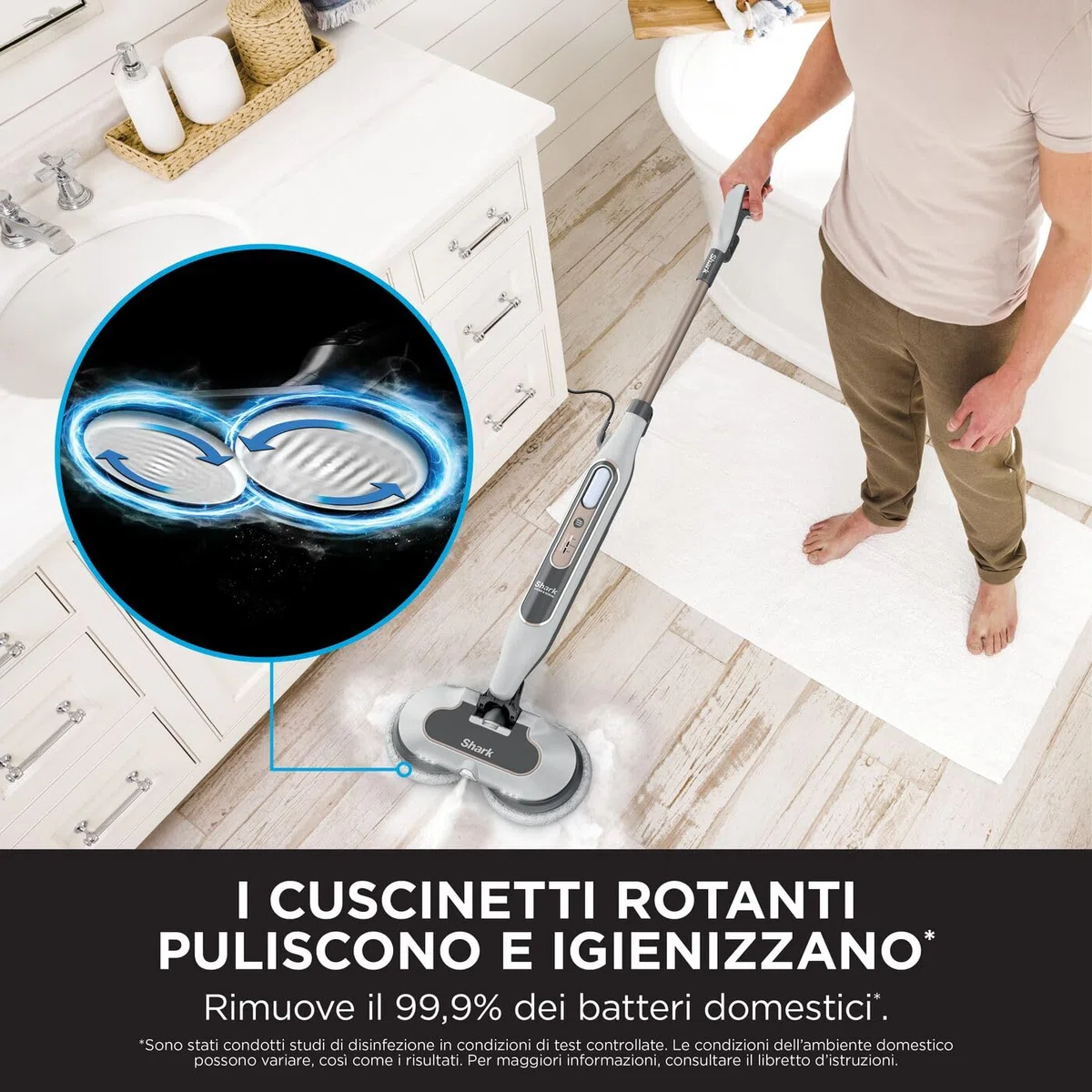 Shark Steam Mop, Scopa a Vapore Lavapavimenti Automatico con Steam Blaster, 2 Panni Lavabili Rotanti, 3 Modalità, Igienizza, Rimuove Macchie e Sporco, Tutti i Tipi di Pavimenti, Bianco/Grigio, S8201EU