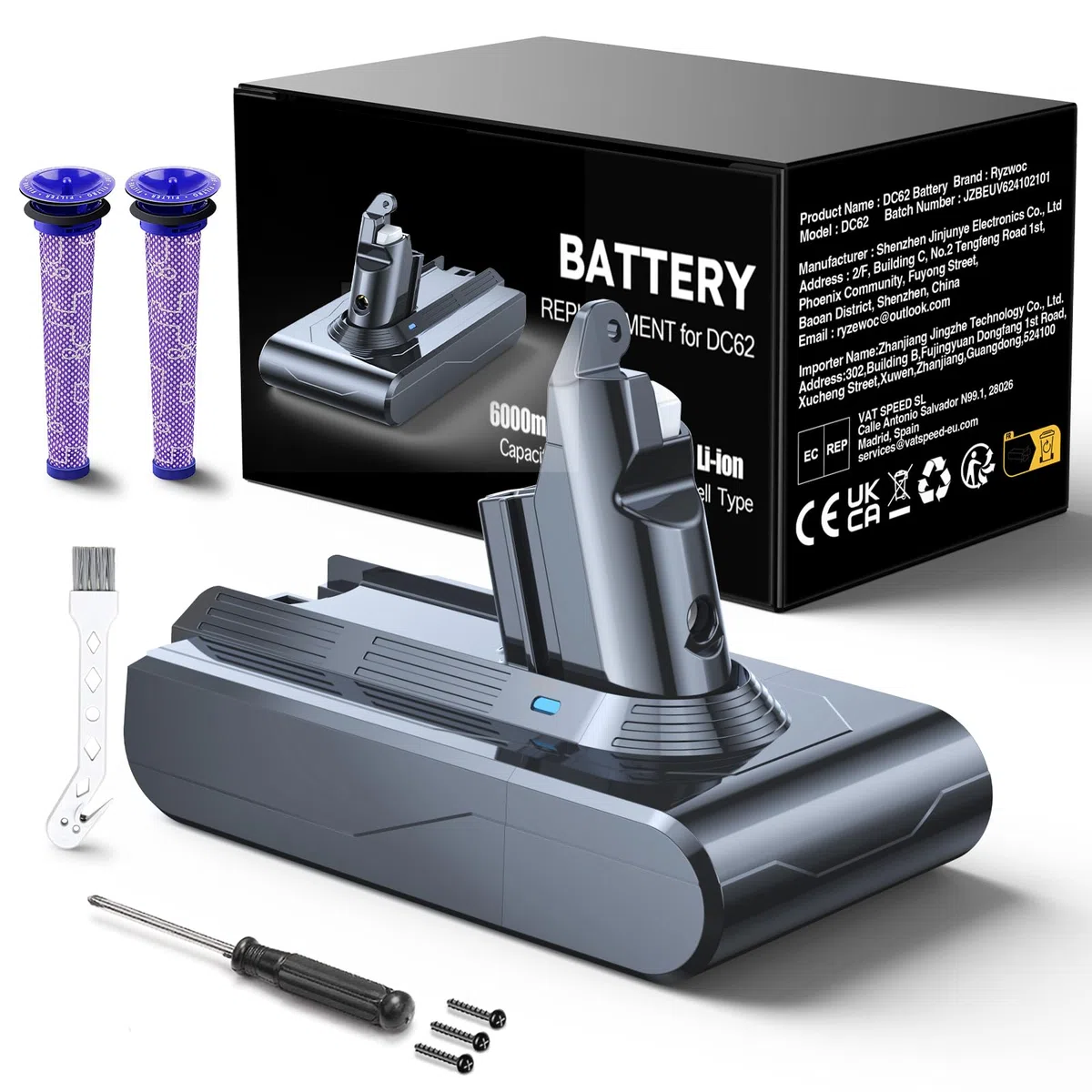 6000mAh V6 Replacement Batteria di Ricambio per Dyson V6 DC62 DC58 DC59 DC61 DC72 DC74 Extra, Trigger, Fluffy, Absolute SV03 SV05 SV06 SV07 SV09
