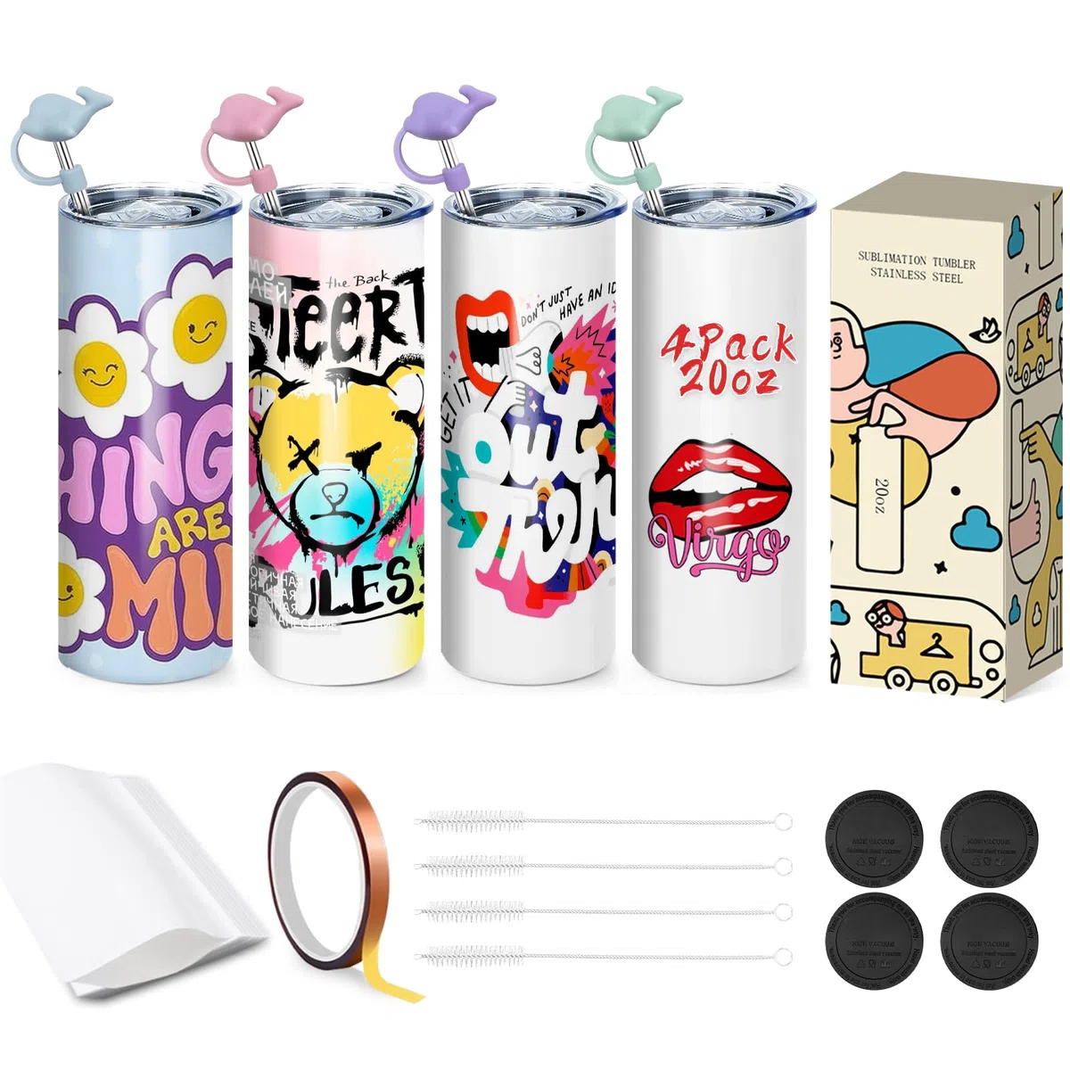 Bicchieri a sublimazione, sottili, dritti, da 590 ml, confezione da 4 pezzi, confezione regalo individuale, bicchieri isolati a doppia parete per trasferimento