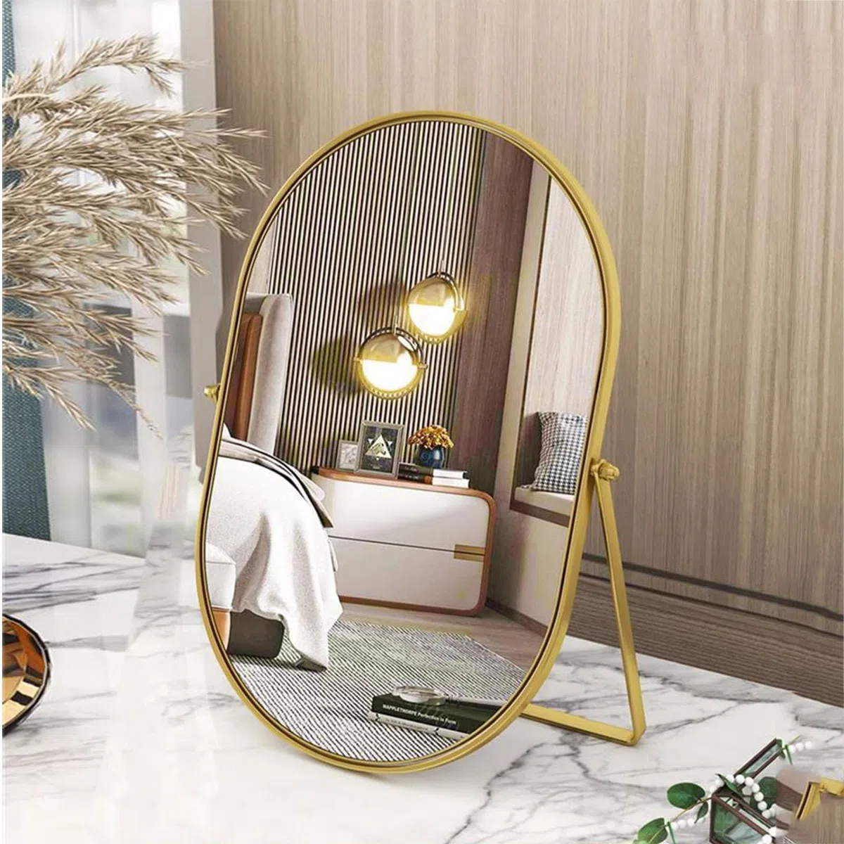 Specchio da tavolo ovale da scrivania, specchio da trucco con rotazione regolabile a 90°, in metallo dorato, decorazione per soggiorno, camera da letto, tavolo, bagno