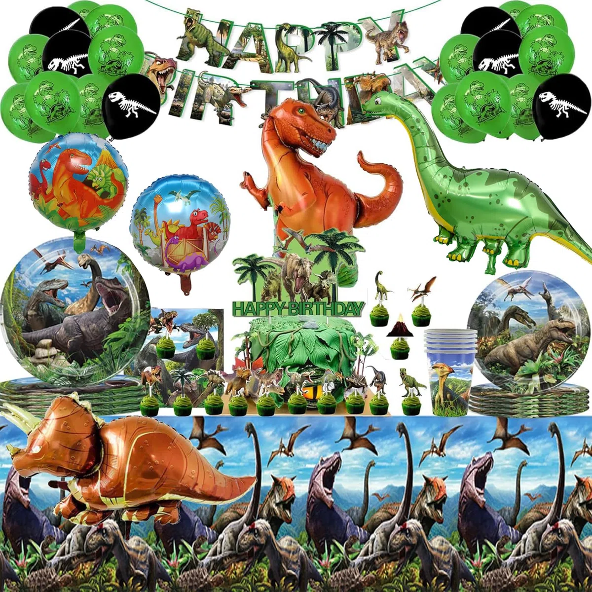 Decorazione Compleanno Dinosauri,83 Pcs Stoviglie Feste Compleanno Dinosauri, Stoviglie Per Feste,Striscione, Tovaglia.