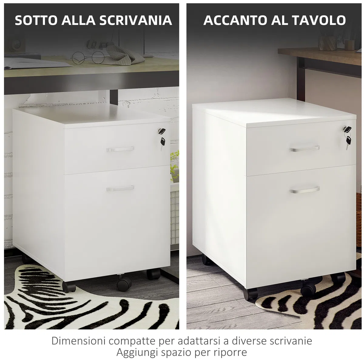 Vinsetto Cassettiera Ufficio con 2 Cassetti e 5 Ruote, Schedario da Ufficio in Legno con Serratura Porta Documenti Cartelle, Ideale per Soggiorno, Studio, 40x49x58 cm, Bianco