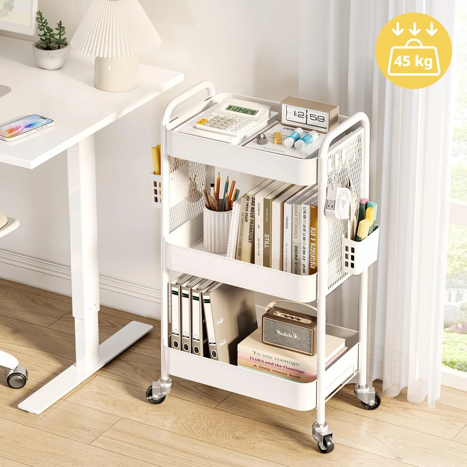 Urackify Carrello portaoggetti per varie applicazioni, carrello in metallo a 3 livelli con pannelli forati fai da te, cesti e ganci per riporre extra in cucina, bagno, ufficio, aula e altro ancora,