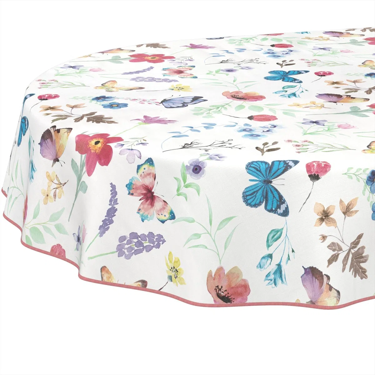 Tovaglia cerata, lavabile, facile da pulire, impermeabile, effetto loto, motivo farfalle, ovale, 160 x 140 cm, con orlo (orlato)