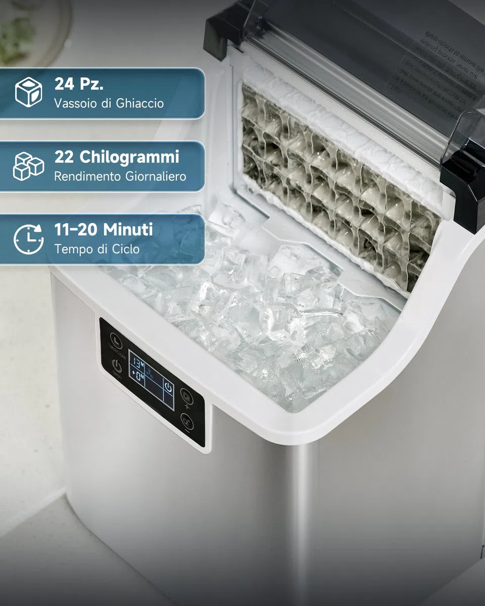 CREWORKS Macchina Ghiaccio 22kg/24 Ore Fabbricatore Ghiaccio 24 Cubetti in 11-20 Minuti Serbatoio 3.2L Macchina per Ghiaccio Autopulente con LCD Pannello per Casa Ufficio Bar Ristorante
