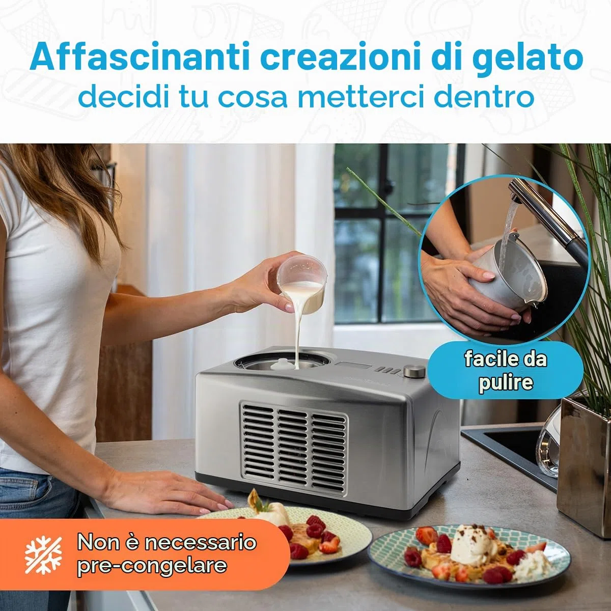 Profi Cook PC-ICM 1091 N - Macchina per gelato e yogurt 2 in 1, per fino a 1500 ml di gelato o yogurt, raffreddamento professionale a compressore, display LCD, alloggiamento in acciaio INOX