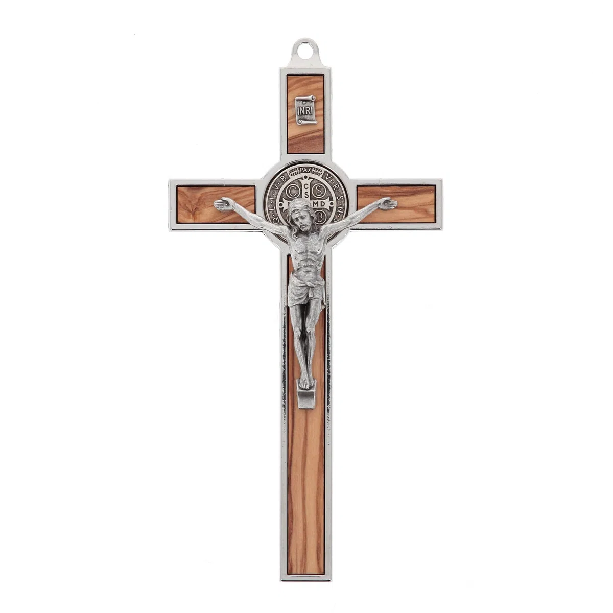 SHALOM - Crocifisso San Benedetto in Legno D'ulivo E Metallo. Altezza 20 Cm