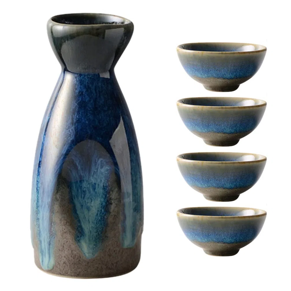 HEMOTON Porcellana Bottiglia di Sake Set Giapponese Tokkuri Sake Pentola con 4 Tazze di Ceramica Tradizionale Bene Che Serve Bottiglia di Vino Caraffa per La Casa Partito
