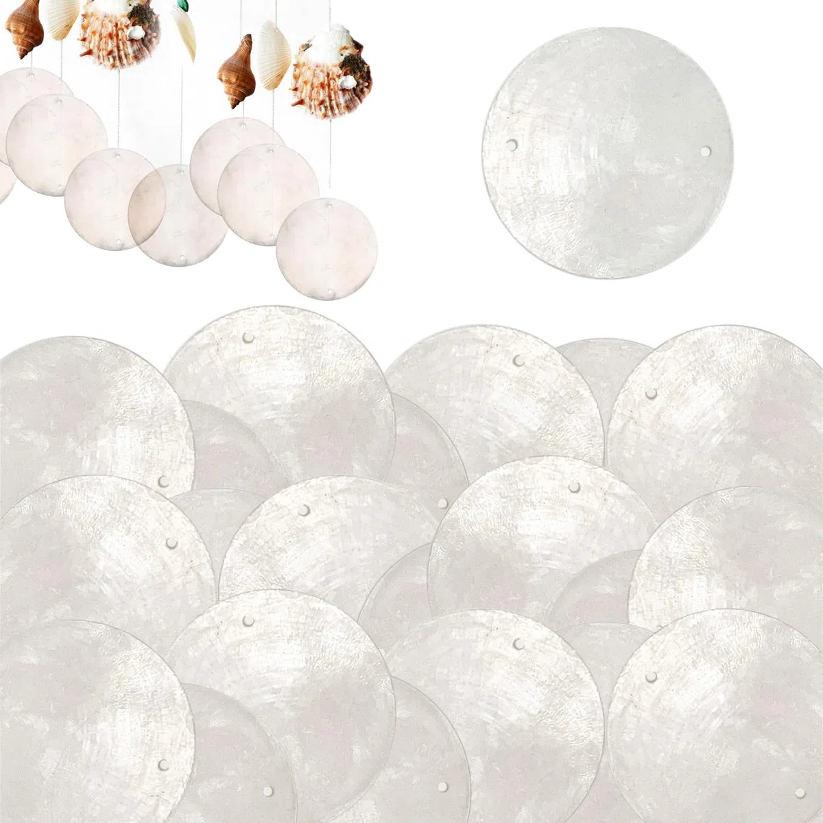 Dischi di Conchiglia, 100 Pezzi Dischi Rotondi di Conchiglia in Madreperla, Ciondolo a Vento Retrò, con Due Fori, per Tende di Conchiglie, Decorazione Della Casa (Bianco)