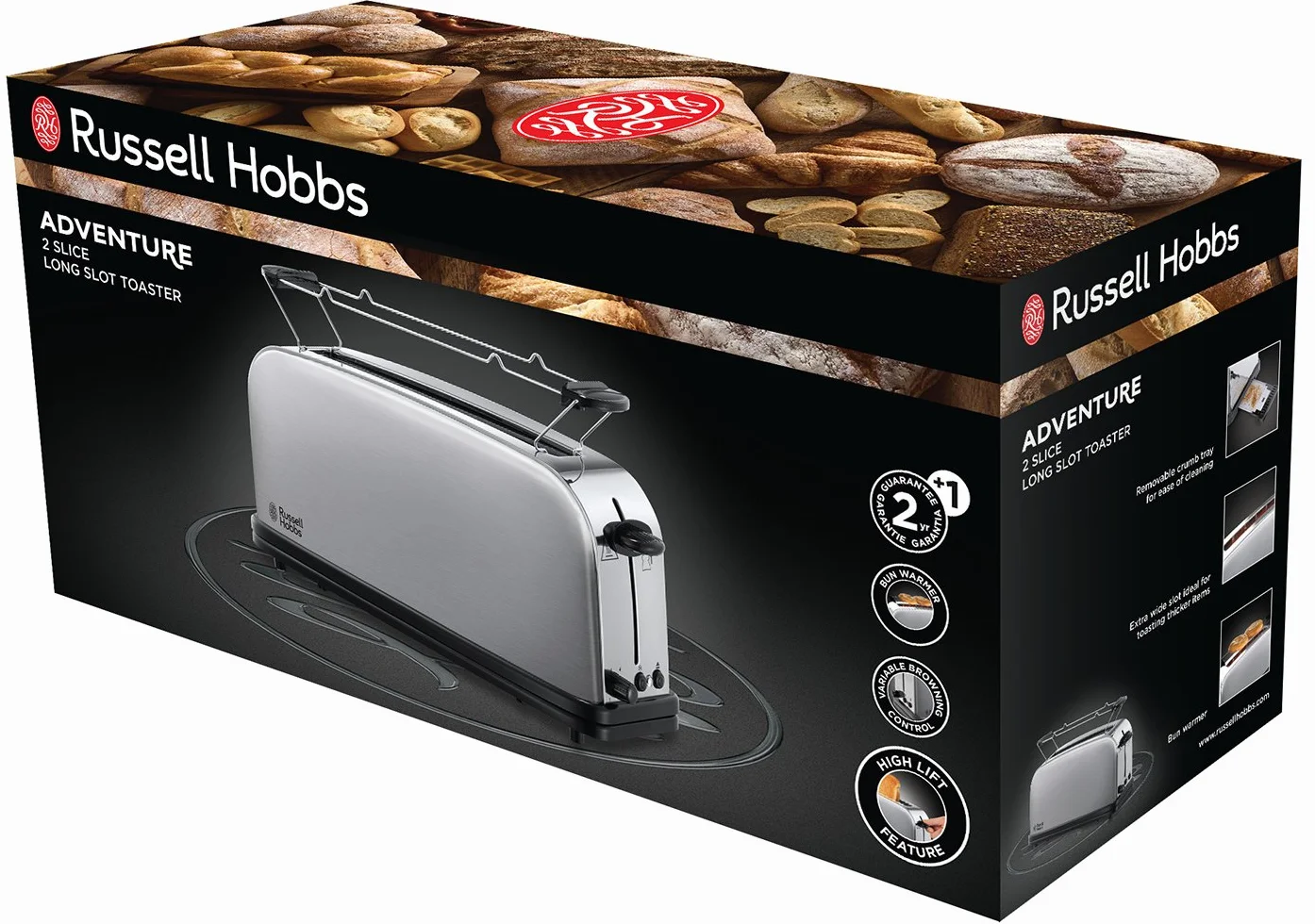 Russell Hobbs Tostapane - Design Lungo per 2 Fette o 1 Fetta larga di pane - Acciaio Inox Satinato; Scomparto per Toast extra ampio, 6 livelli di doratura e Scongelamento; 1000W Adventure 2SL 21396-56