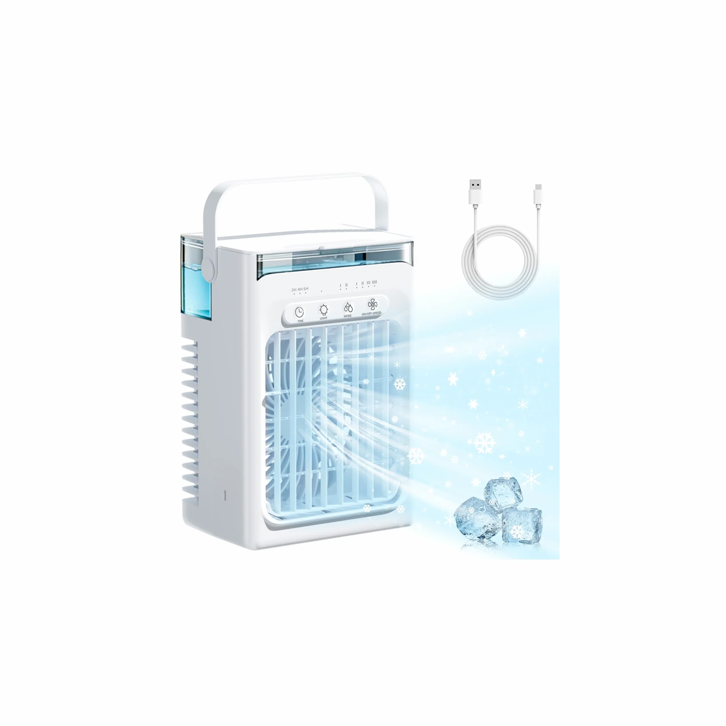 Mini Condizionatore Portatile, Ventilatore con Ghiaccio, 1000 ML Raffrescatore d'Aria con Doppio Motore, 3 Velocità, Nebbia Fredda, Timer 2/4/6H, Luci LED, per Casa, Ufficio (Bianco‌)