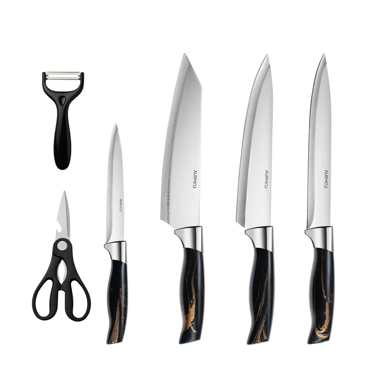 Set di Coltelli da Cucina Professionali, Set Coltelli da Cucina, Coltello da Cuoco, Coltello da Taglio, Coltellos Universale, Coltelli da Tavola e Utensili Cucina, Forbici, 6 Pezzi