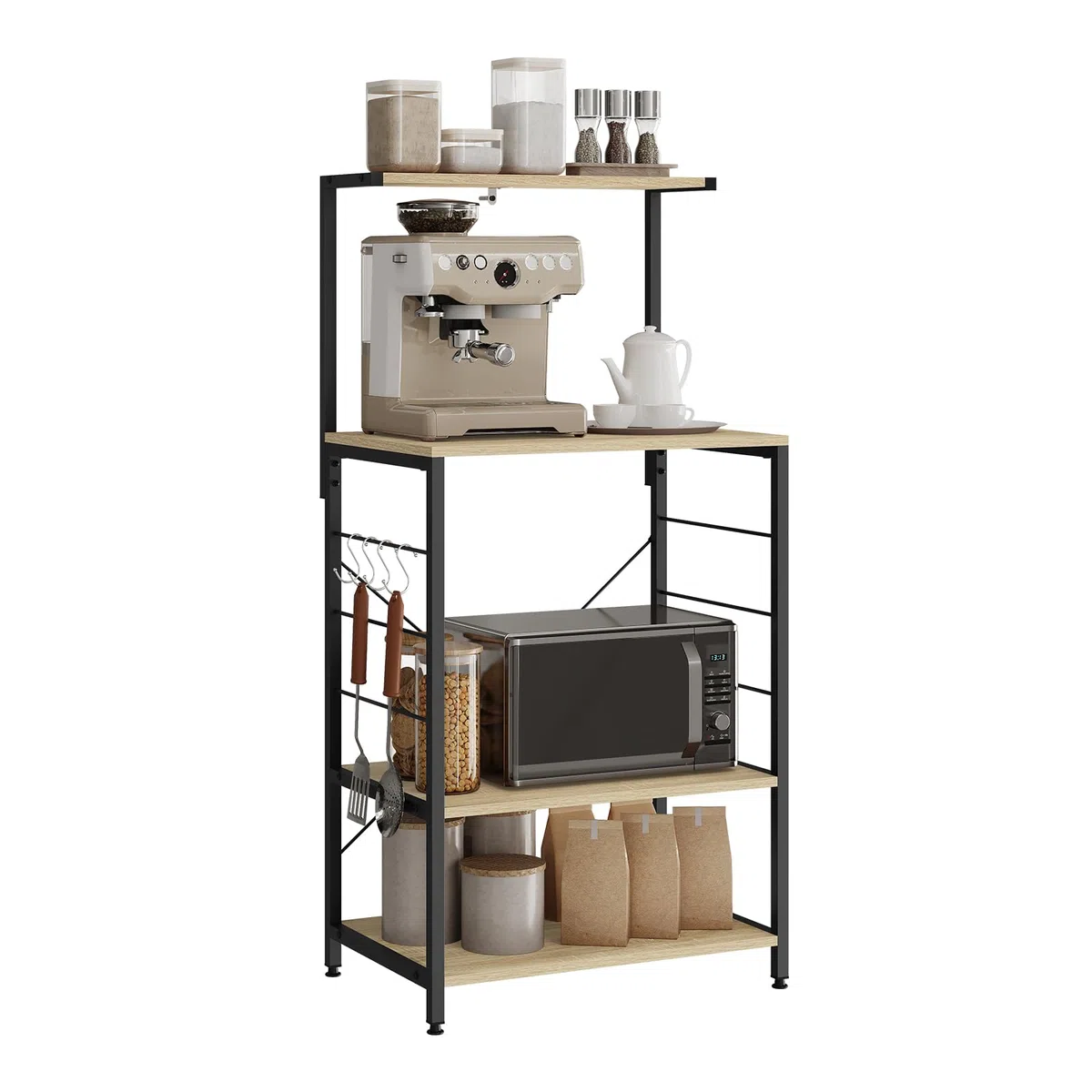 WOLTU Scaffale per Cucina in Acciaio Legno 4 Ripiani Carrello per Microonde Scaffalature Organizzatore 60x40x123 cm
