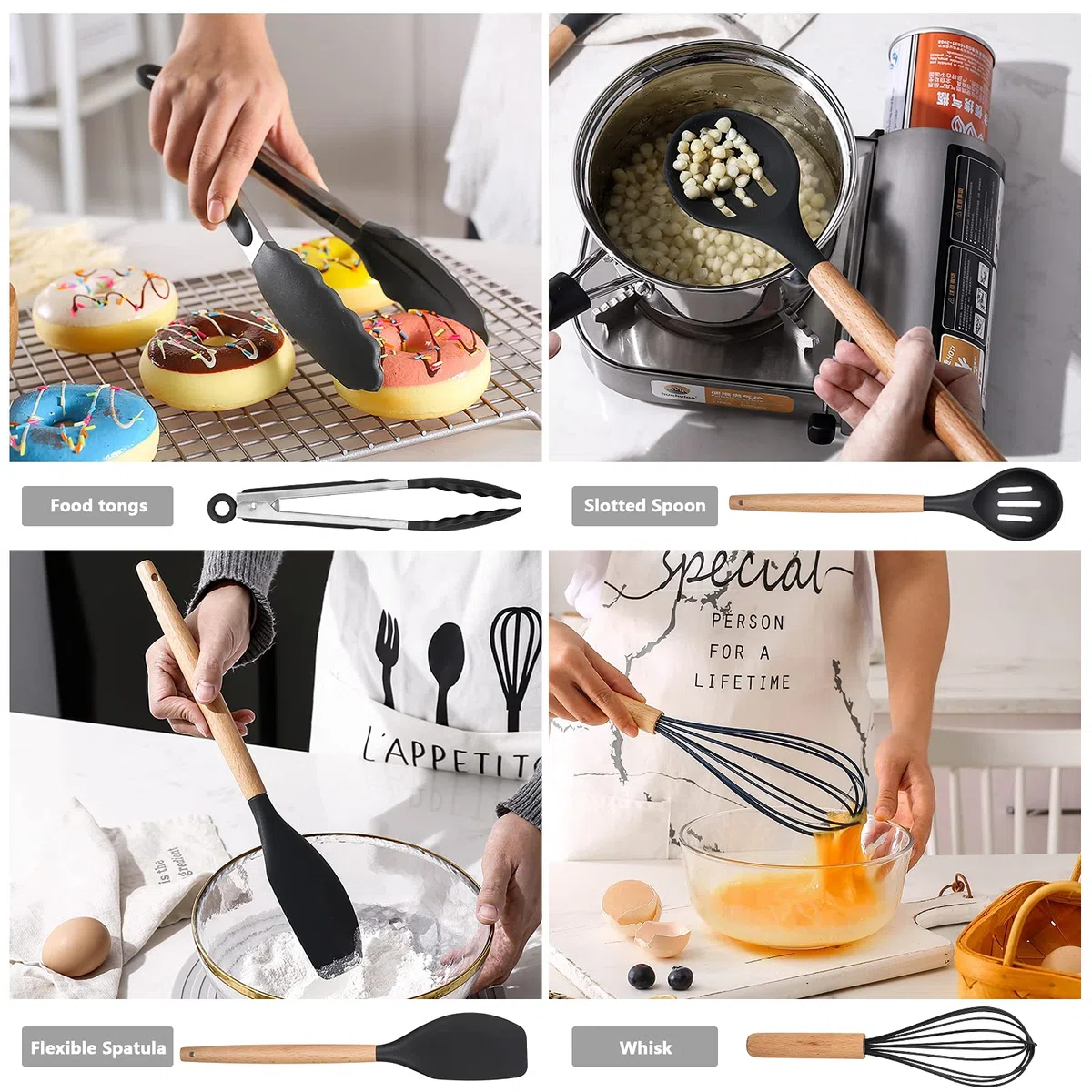 Utensili da cucina in silicone per legno, 12 pezzi, accessori da cucina, set senza BPA, antiaderenti, antigraffio e resistenti al calore, strumento da cucina antiaderente per mestolo, spatola,