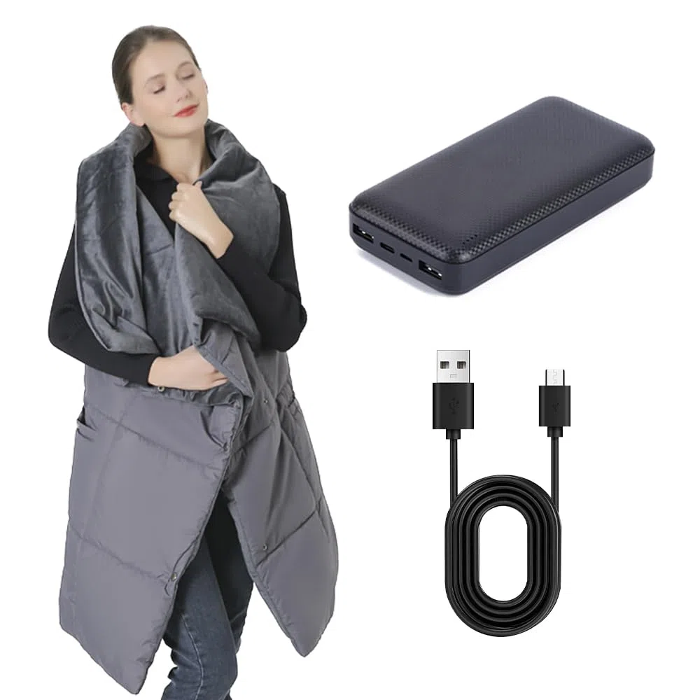 Coperta elettrica con batteria senza fili, 1600 mAh, 7,4 V, protezione dal surriscaldamento, coperta termica portatile senza fili, con 6 zone di riscaldamento e 3 livelli di temperatura per